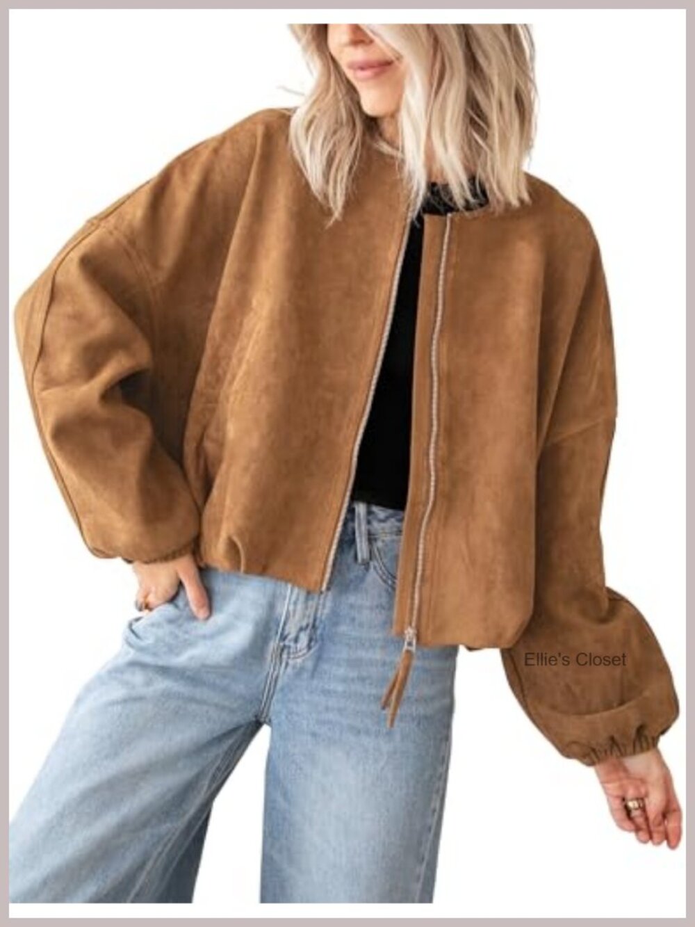 Faux Suede Bomber Jacket Cropped Zip Up Women's Oversized Coat